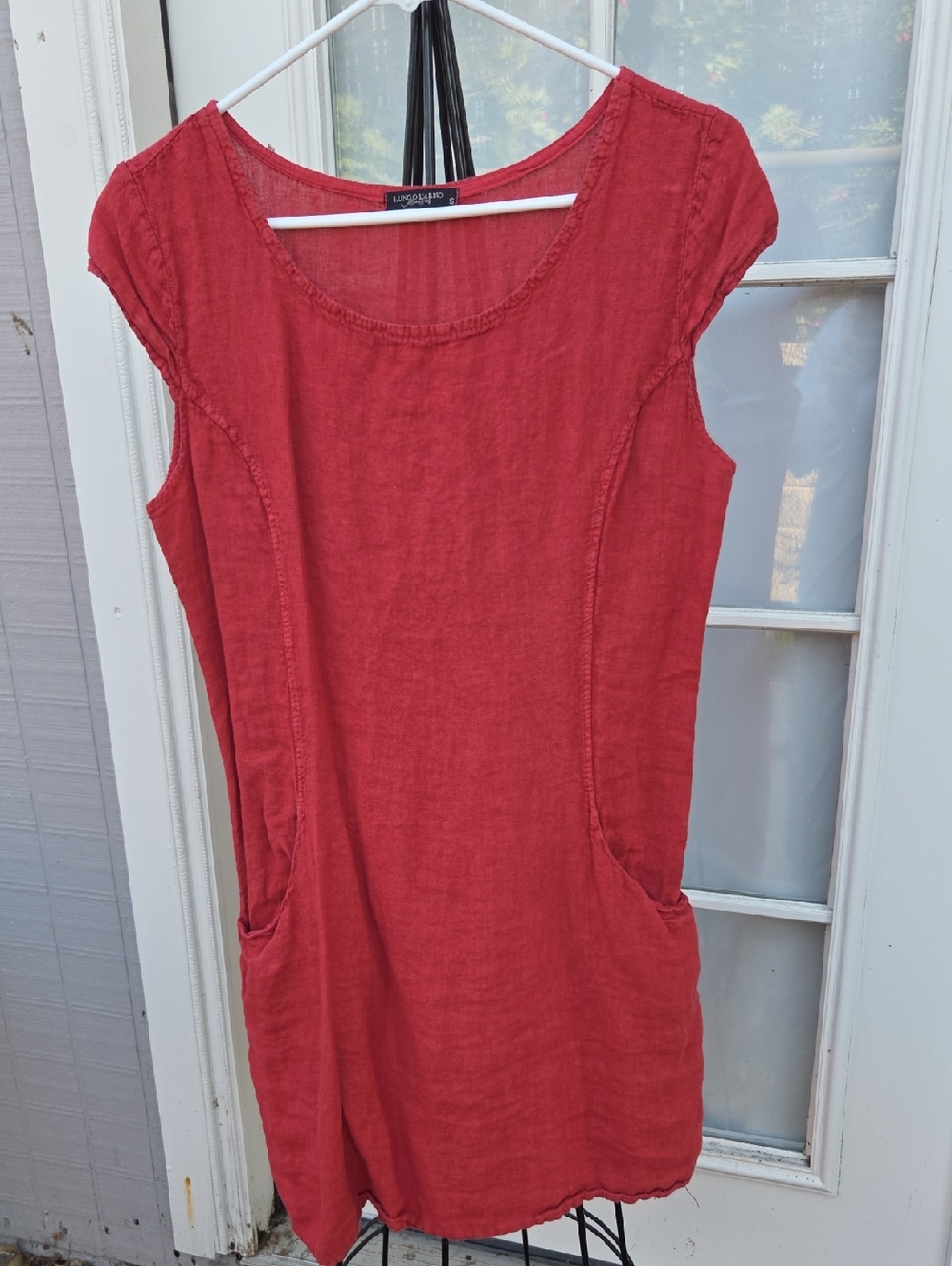 Lungo L'Arno Linen Scoop Neck Red Pocket Dress, Size S